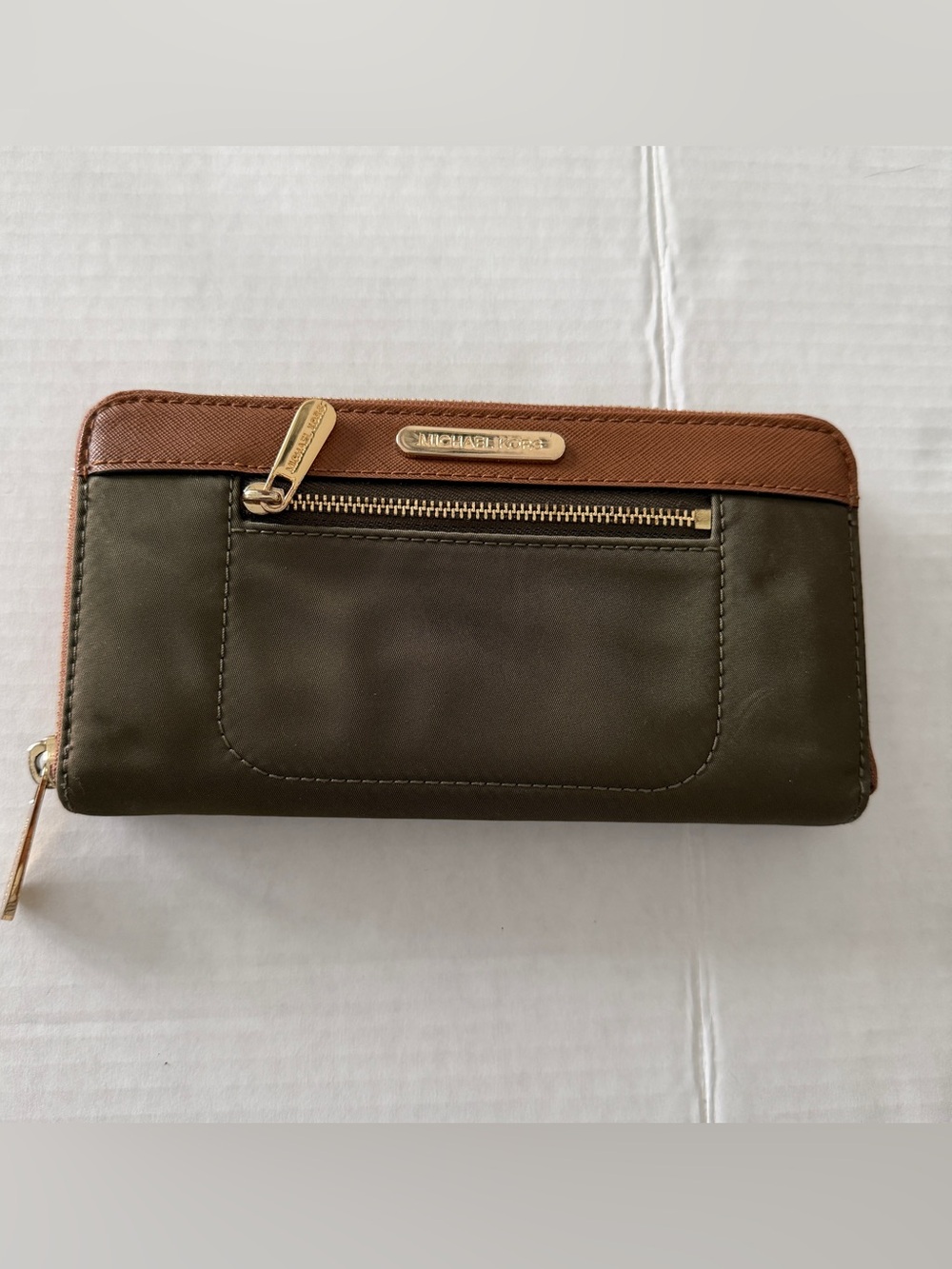 Michael Kors Olive and Brown Zip-Around Leather Wallet with Gold Accents